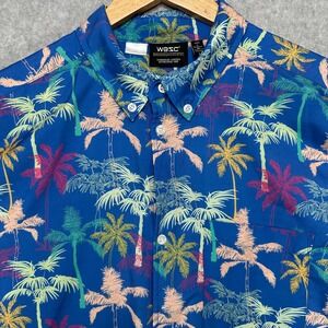 WESC Mens L Short Sleeve Button Up Shirt Palm Tree Blue Hawaiian Beach Party‎